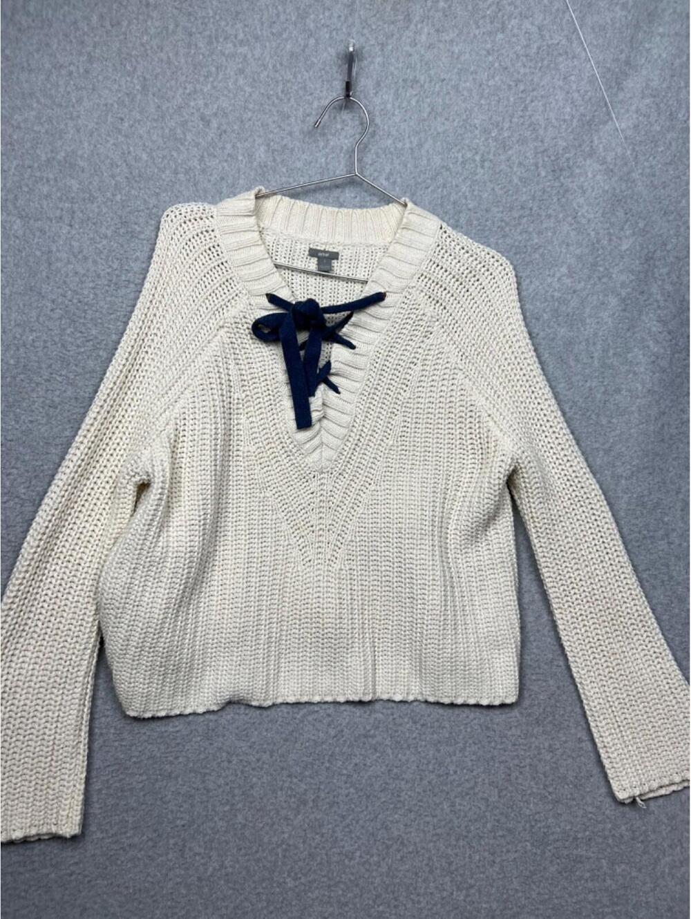 Aerie Womens Oversized Knitted Sweater S Ivory Long Sleeve V Neck Chunky Soft